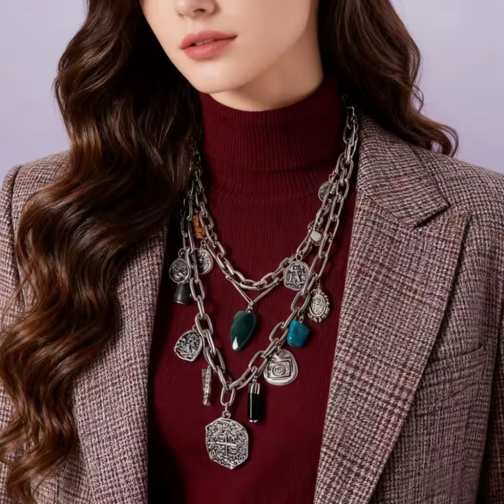 Silver Multi-Layered Necklace with Charms